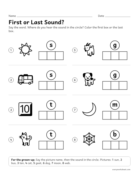 Preview of the printable “First or last Sound?” worksheet: hearing whether a sound comes first or last in a word