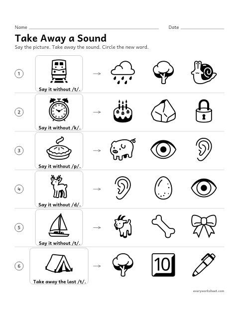 Preview of the printable “Take away a sound” worksheet: taking away a sound to make a new word