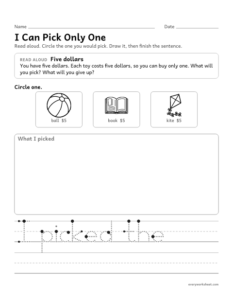 Preview of the printable “Making Choices: I can pick one” worksheet: making a choice when there is not enough money for everything