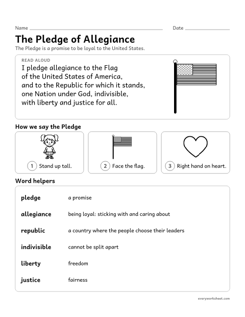 Preview of the printable “Pledge of allegiance for kids” worksheet: learning the words of the Pledge of Allegiance, what they mean and how we say it