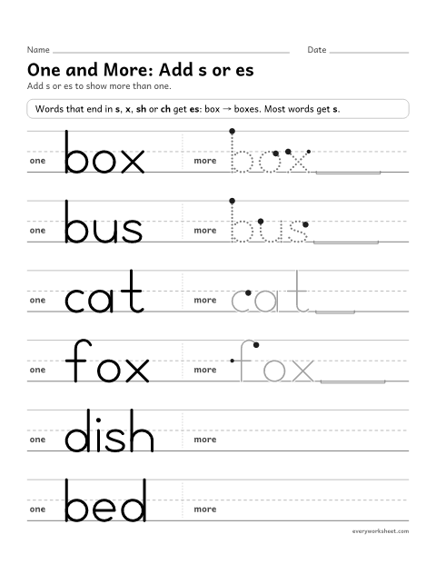 Preview of the printable “One and More: add s or es” worksheet: making plural nouns by adding s or es