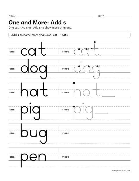 Preview of the printable “One and More: add s” worksheet: making plural nouns by adding s