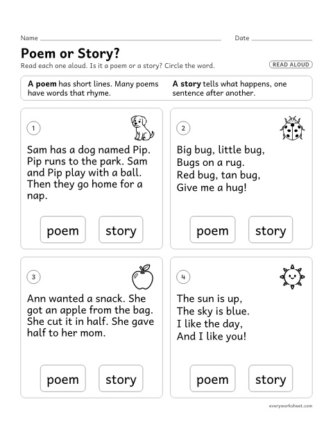 Preview of the printable “Poem or Story? kindergarten sort” worksheet: telling a poem from a story