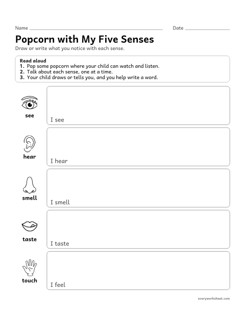 Preview of the printable “Five senses popcorn observation” worksheet: using the five senses to observe
