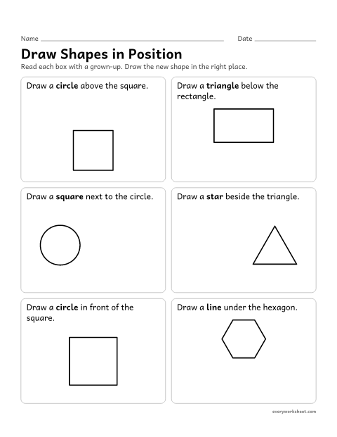 Preview of the printable “Draw shapes in position” worksheet: drawing shapes above, below, beside and in front of other shapes