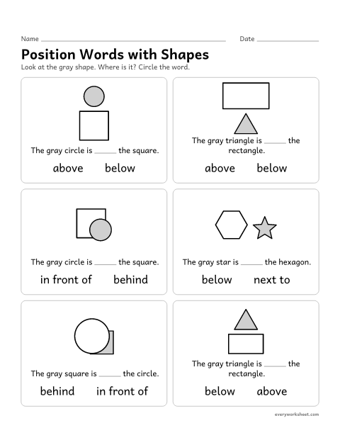 Preview of the printable “Position words with shapes” worksheet: describing where shapes are: above, below, next to, in front of, behind