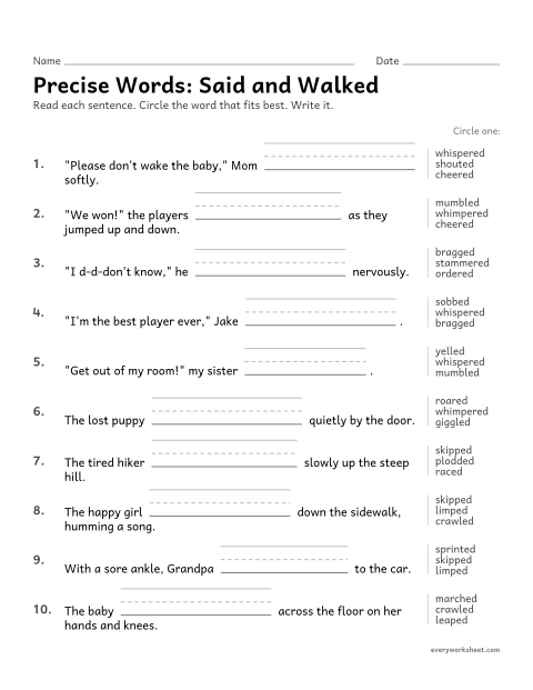 Preview of the printable “Precise Words: said and walked” worksheet: choosing precise verbs for speaking and moving (whispered, stammered, limped)