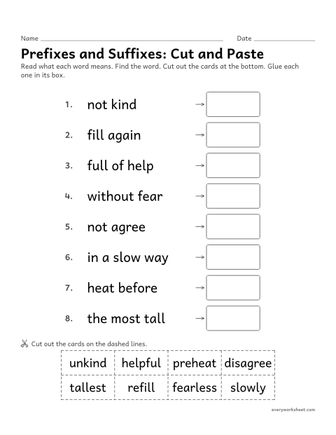 Preview of the printable “Prefixes and Suffixes: cut and paste” worksheet: matching a meaning to the word with a prefix or suffix