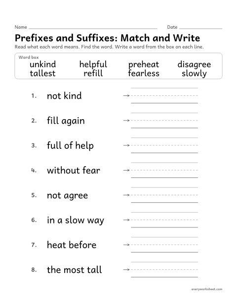 Preview of the printable “Prefixes and Suffixes: match and write (No Cutting)” worksheet: writing the word with a prefix or suffix that matches a meaning