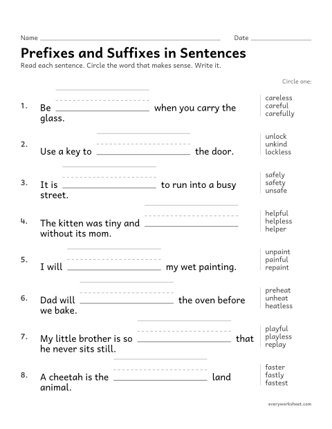 Preview of the printable “Prefixes and suffixes in sentences” worksheet: choosing the word with the prefix or suffix that makes sense