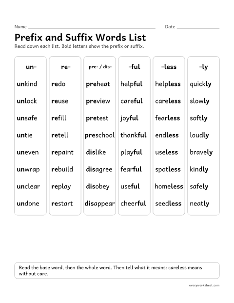 Preview of the printable “Prefix and suffix words list” worksheet: reading 48 words with common prefixes and suffixes