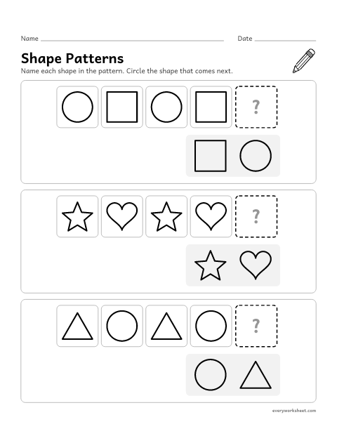 Preview of the printable “Shape patterns for preschool” worksheet: finishing AB shape patterns