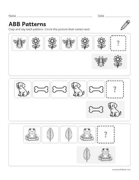 Preview of the printable “ABB pattern worksheet for preschool” worksheet: finishing ABB picture patterns