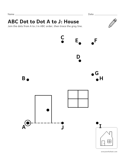 Preview of the printable “ABC dot to dot A to J: house” worksheet: putting the letters A to J in order