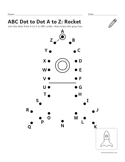 Preview of the printable “ABC dot to dot A to Z: rocket” worksheet: putting the uppercase letters A to Z in order