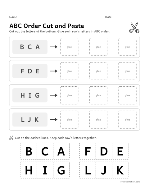 Preview of the printable “ABC order cut and paste” worksheet: putting 3 letters in ABC order