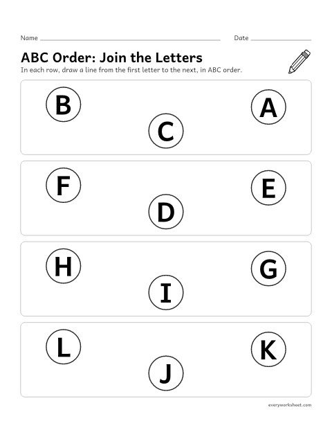 Preview of the printable “ABC Order: join the letters” worksheet: putting 3 letters in ABC order