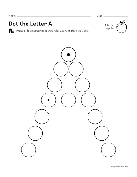 Preview of the printable “Alphabet dot marker pages” worksheet: following the shape of every letter with a dot marker
