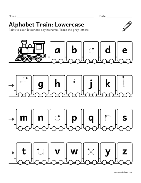 Preview of the printable “Alphabet Train: lowercase” worksheet: saying the lowercase letters a to z in order