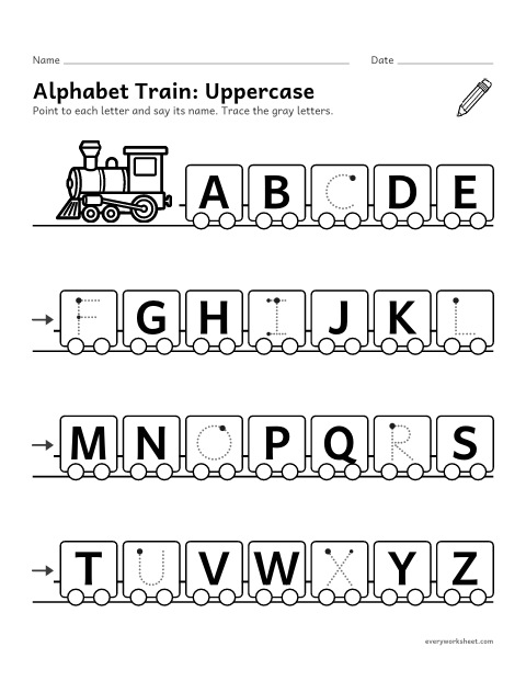 Preview of the printable “Alphabet Train: uppercase” worksheet: saying the uppercase letters A to Z in order