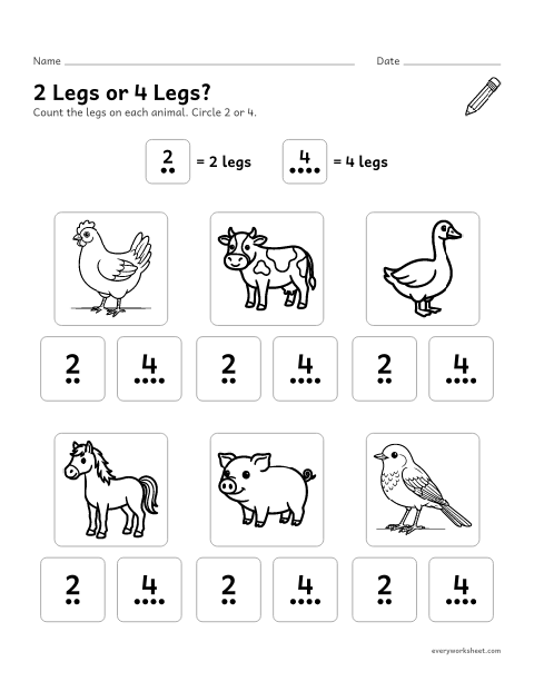Preview of the printable “2 legs or 4 Legs? animal worksheet for preschool” worksheet: counting and comparing the legs of birds and other animals