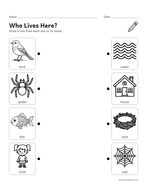 Preview of the printable “Animal homes matching worksheet for preschool” worksheet: matching animals to where they live