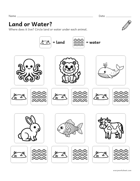 Preview of the printable “Land or water animals worksheet for preschool” worksheet: sorting animals that live on land and in water