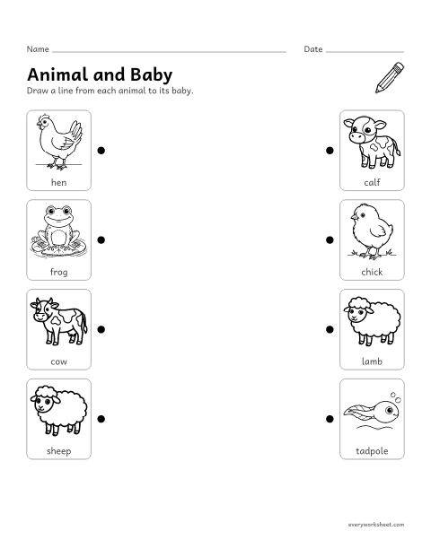 Preview of the printable “Animals and their babies matching worksheet” worksheet: matching animals to their young