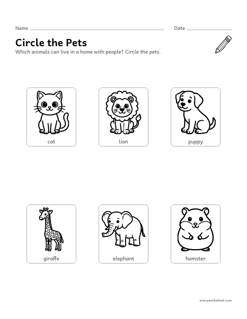 Preview of the printable “Pets worksheet for Preschool: circle the pets” worksheet: telling pets from wild zoo animals