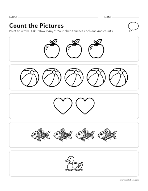 Preview of the printable “Counting assessment to 10” worksheet: counting objects to 10 and telling how many
