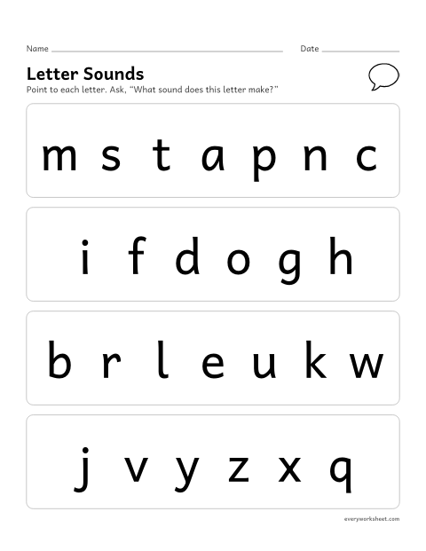Preview of the printable “Letter sounds assessment” worksheet: saying the sound of each letter