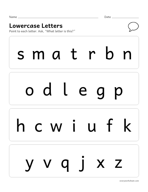 Preview of the printable “Lowercase letter recognition assessment” worksheet: naming lowercase letters