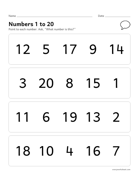 Preview of the printable “Number recognition assessment 1–20” worksheet: naming numerals 1 to 20