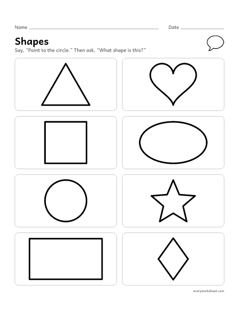Preview of the printable “Shapes assessment for preschool” worksheet: finding and naming shapes