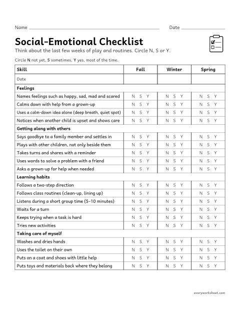 Preview of the printable “Social-Emotional checklist for preschool” worksheet: feelings, getting along, learning habits and self-care