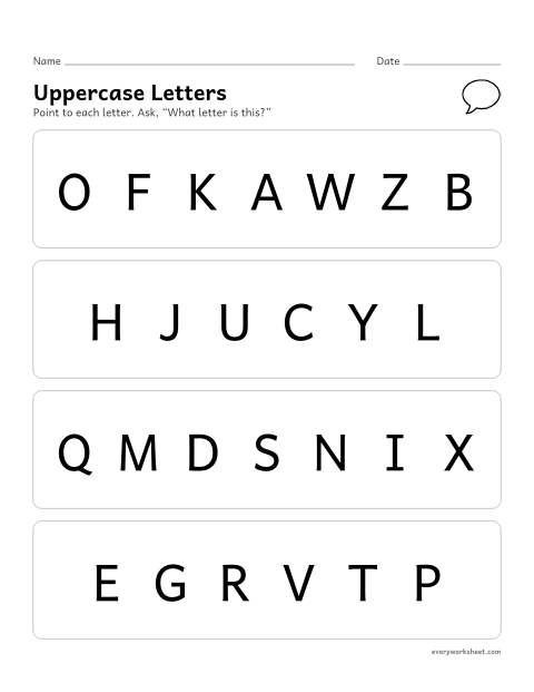 Preview of the printable “Uppercase letter recognition assessment” worksheet: naming uppercase letters