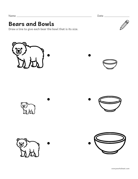 Preview of the printable “Big, Medium, Small: match the bears and bowls” worksheet: matching big, medium and small