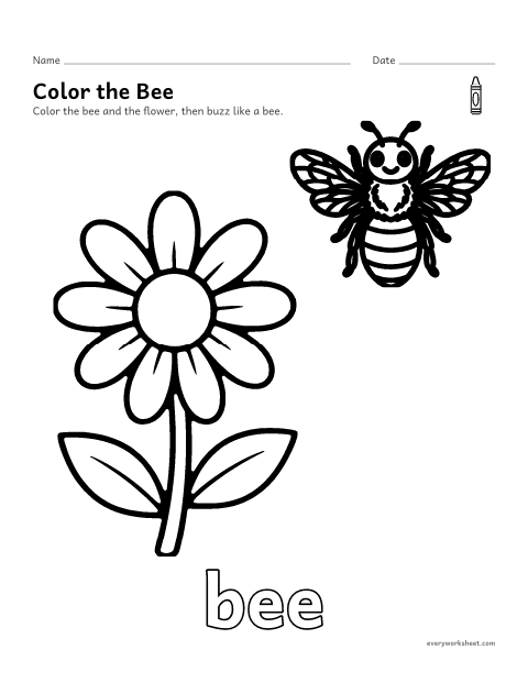 Preview of the printable “Bee coloring page” worksheet: coloring a big picture of a bee with crayons