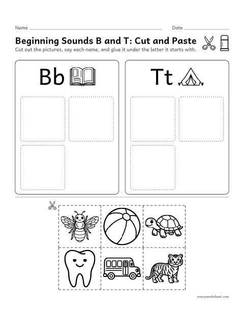 Preview of the printable “Beginning sounds B and T: cut and paste” worksheet: sorting pictures by their first sound, /b/ or /t/