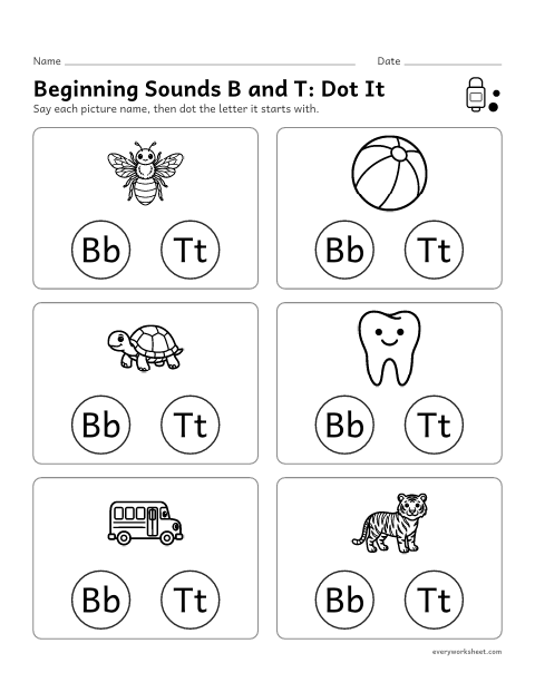 Preview of the printable “Beginning sounds B and T: dot it” worksheet: sorting pictures by their first sound, /b/ or /t/