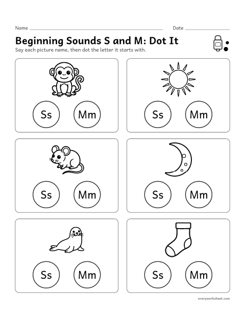 Preview of the printable “Beginning sounds S and M: dot it” worksheet: sorting pictures by their first sound, /s/ or /m/