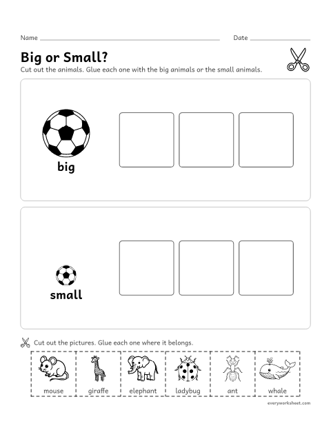 Preview of the printable “Big and small animals cut and paste” worksheet: sorting animals into big and small