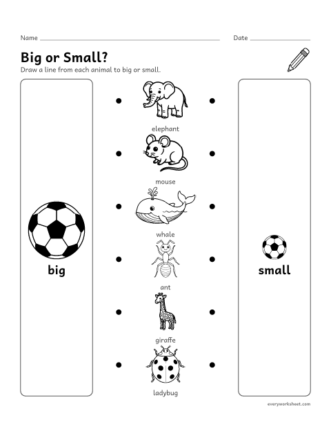 Preview of the printable “Big and small animals sort” worksheet: sorting animals into big and small