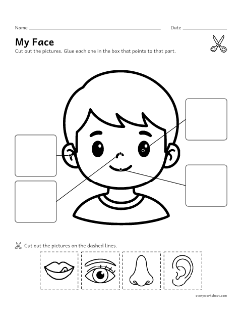 Preview of the printable “Parts of the face cut and paste for preschool” worksheet: matching pictures of the eye, ear, nose and mouth to the face