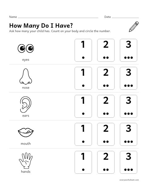 Preview of the printable “How many body Parts? counting worksheet” worksheet: counting own body parts: eyes, nose, ears, mouth and hands