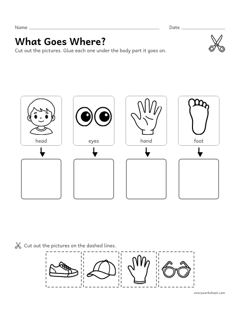 Preview of the printable “Body parts and clothes cut and paste” worksheet: matching body parts to the clothes we wear on them