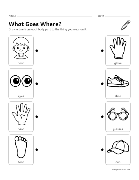 Preview of the printable “Body parts and clothes matching worksheet” worksheet: matching body parts to the clothes we wear on them