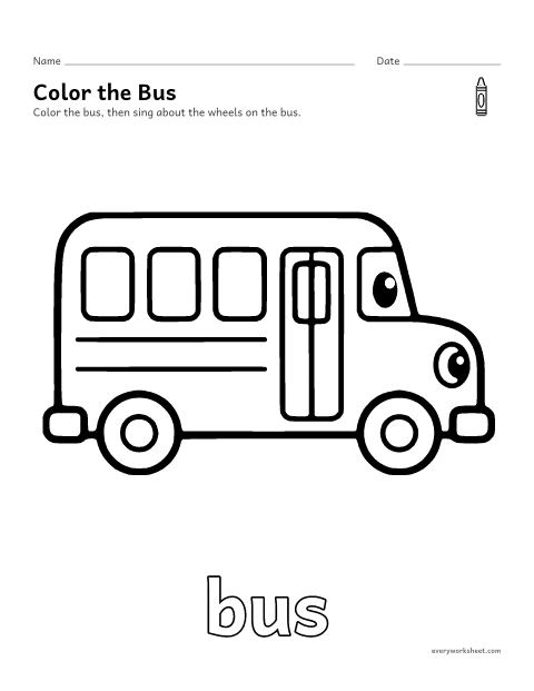 Preview of the printable “Bus coloring page” worksheet: coloring a big picture of a bus with crayons