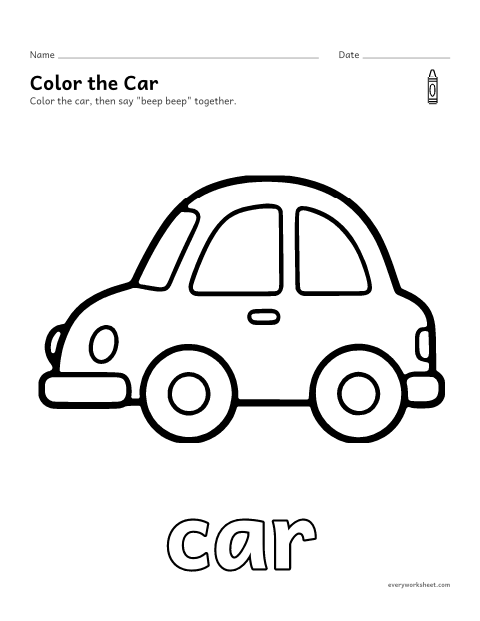 Preview of the printable “Car coloring page” worksheet: coloring a big picture of a car with crayons