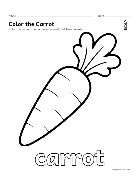 Preview of the printable “Carrot coloring page” worksheet: coloring a big picture of a carrot with crayons